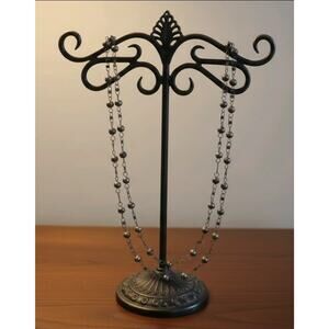 Beaded Filigree Station Necklace Silver Tone Long GunMetal Elegant Jewelry